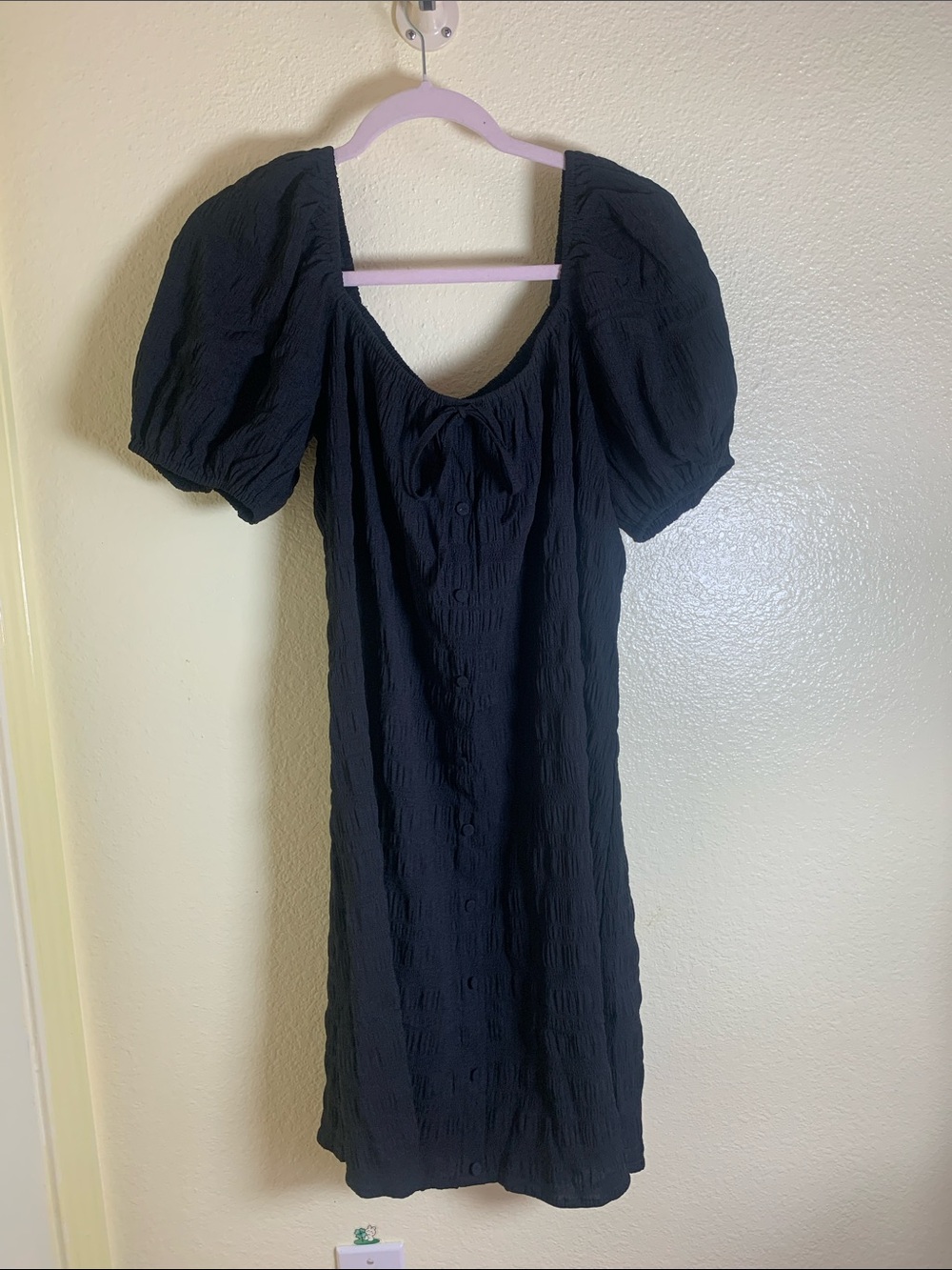 NWT YESFASHION Black Puff-Sleeve Mini Dress with Scoop Neck, Size L